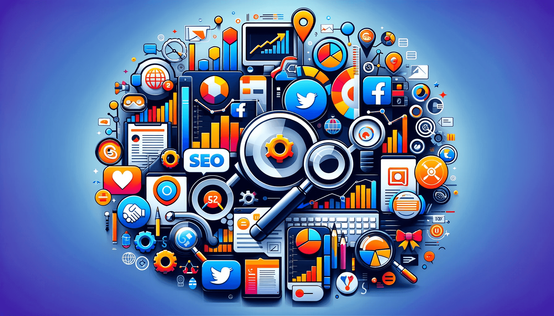 Digital marketing strategy illustration with SEO, social media, analytics and search optimization tools