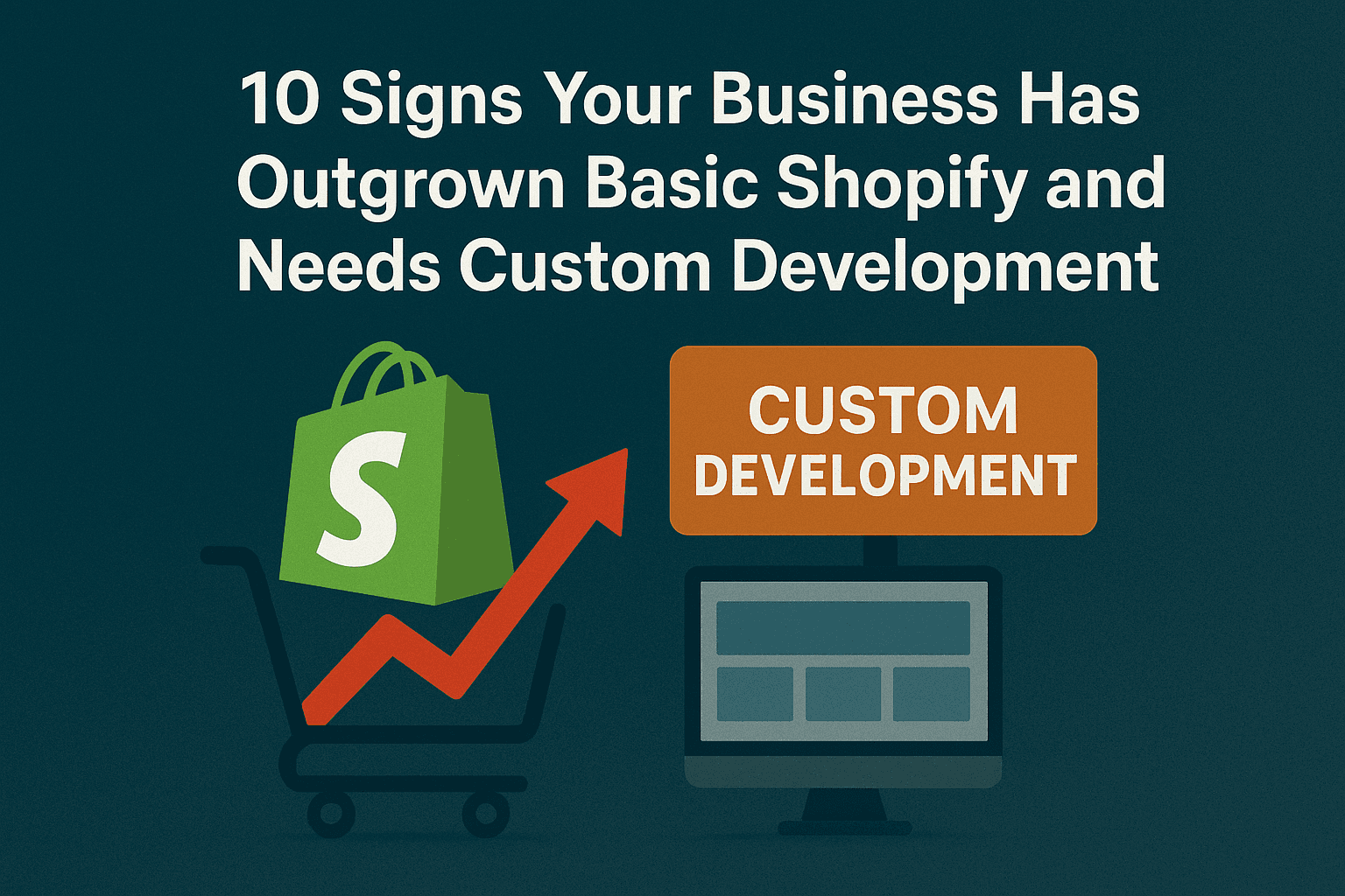 Shopify shopping bag with growth arrow and custom development sign — signs your store has outgrown basic Shopify