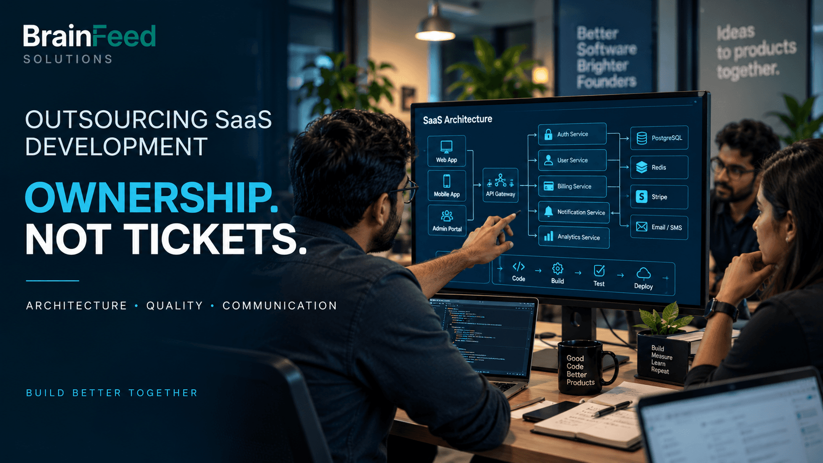 Engineer pointing at a SaaS architecture diagram with web, mobile and admin apps, an API gateway, auth, user, billing, notification and analytics services, PostgreSQL, Redis, Stripe, and a code-build-test-deploy pipeline