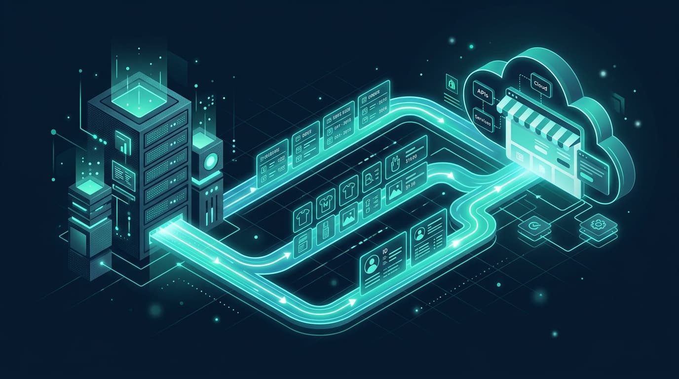 Modern isometric illustration of a WooCommerce to Shopify data migration pipeline with database servers transferring products, customer records, and order ledgers to a cloud storefront